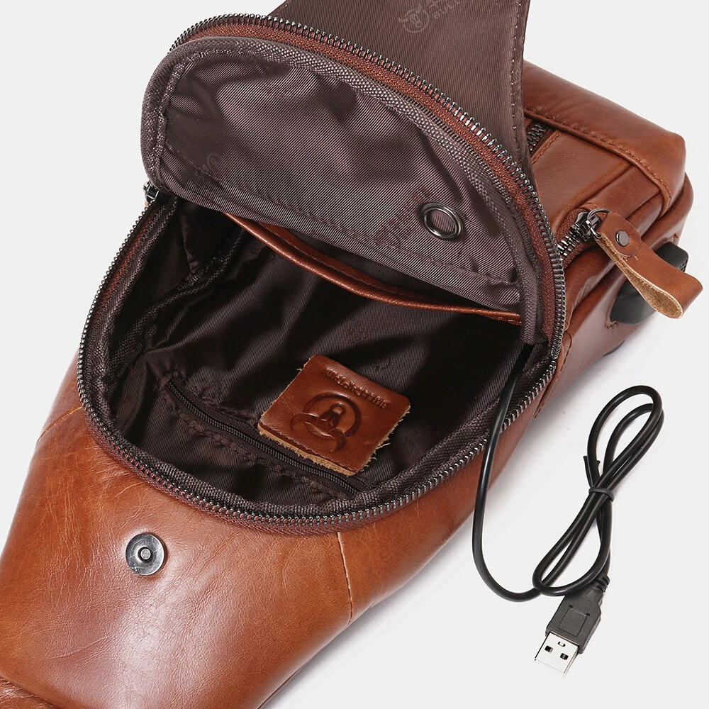 (image for) BULLCAPTAIN Mens Genuine Leather USB Charging Large Capacity Business Casual Chest Bag Shoulder Crossbody Bag